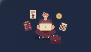Illustration of a freelancer with laptop surrounded by registration, tax and business icons