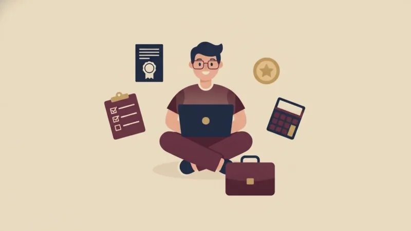 Illustration of a freelancer with laptop surrounded by registration, tax and business icons