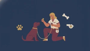 Illustration of a dog trainer kneeling beside a sitting dog on a lead, holding a treat