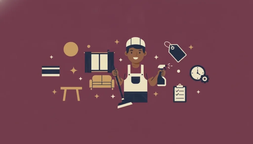 Illustration of a cleaner with a spray bottle and mop beside a euro coin, price tag, clock and checklist