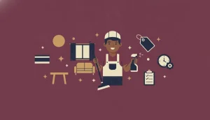 Illustration of a cleaner with a spray bottle and mop beside a euro coin, price tag, clock and checklist