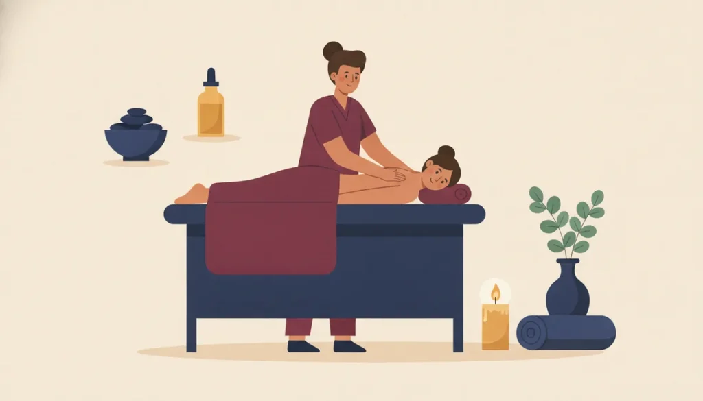 Illustration of a massage therapist giving a client a shoulder massage on a treatment table, with hot stones, massage oil, a candle and a eucalyptus plant