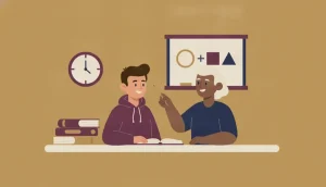 Illustration of a tutor explaining a lesson to a student at a desk, with a small board of shapes and a wall clock behind them