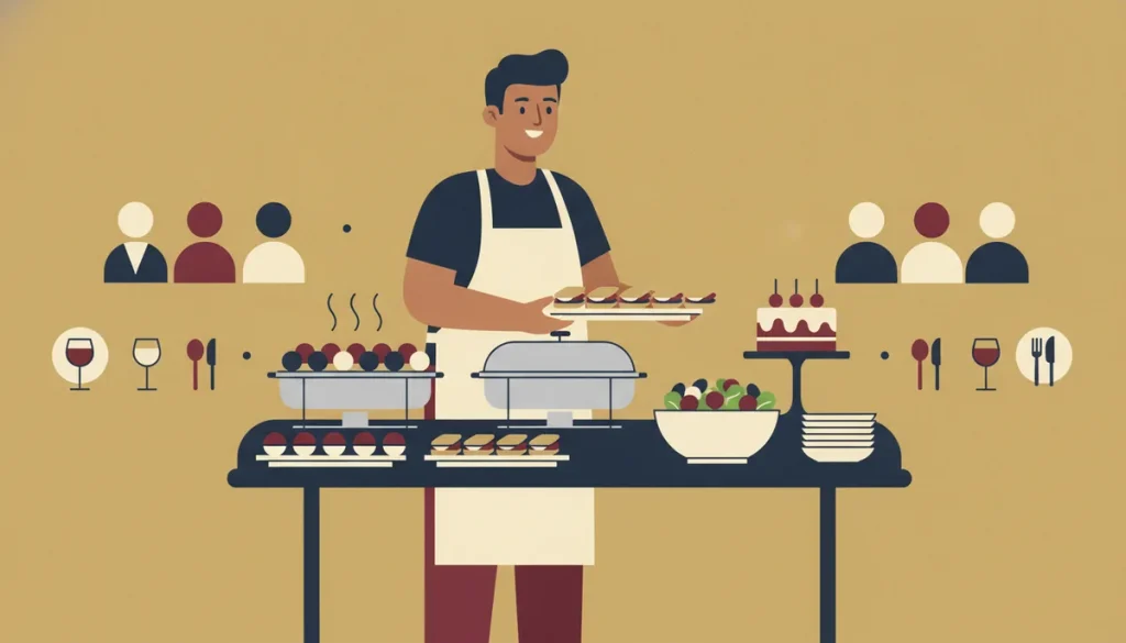 Illustration of a caterer holding a tray of canapés behind a buffet table with chafing dishes, platters, a salad bowl, plates and a small celebration cake