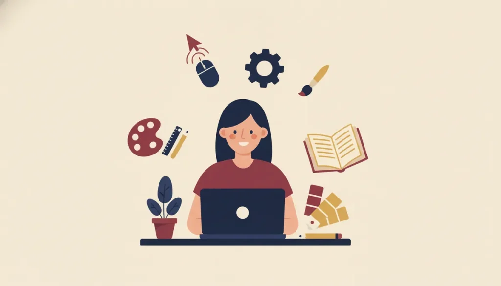 Illustration of a designer smiling behind a laptop at a desk, with a colour swatch fan, a pencil, a plant, a paint palette, a brush, a gear, a mouse and an open book around her