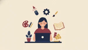 Illustration of a designer smiling behind a laptop at a desk, with a colour swatch fan, a pencil, a plant, a paint palette, a brush, a gear, a mouse and an open book around her