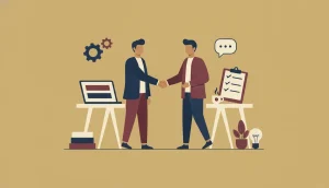 Illustration of a client and a freelancer shaking hands between two desks, with a laptop, a checklist clipboard, a coffee cup and a plant