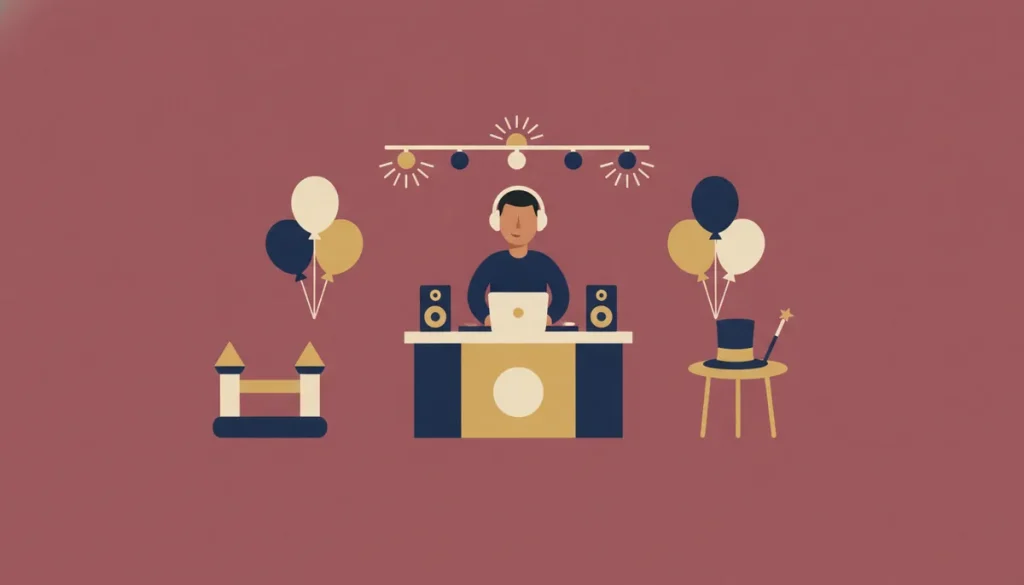 Illustration of a DJ in headphones behind a booth with speakers and a laptop, party lights above, balloons, a small bouncy castle and a magician's top hat on a side table