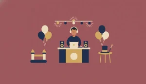 Illustration of a DJ in headphones behind a booth with speakers and a laptop, party lights above, balloons, a small bouncy castle and a magician's top hat on a side table