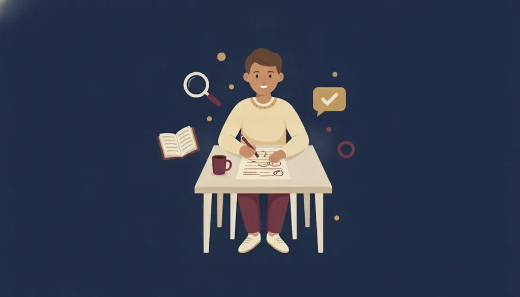 Illustration of a proofreader sitting at a desk marking a printed page with a red pen, with a mug, an open book, a magnifying glass and a tick beside him