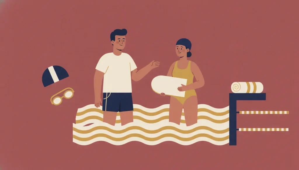 Illustration of a swimming instructor teaching an adult learner holding a kickboard in a pool, with a swim cap, goggles, a towel and lane ropes